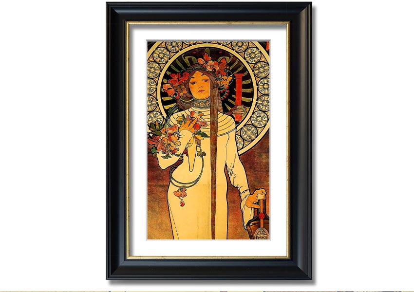 Framed print of Alphonse Mucha's La Trappistine artwork, showcasing intricate details and vibrant colors.